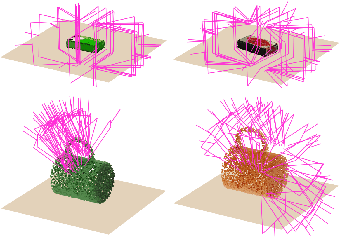 Four point clouds — two boxes and two mugs — each surrounded by dense magenta grasp proposals, many of which pass through the supporting table or approach from below.