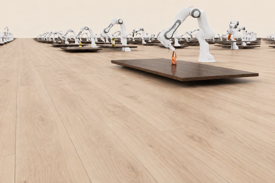 Rows of robot arms train in parallel in simulation, each at its own table; in the foreground one grasps an orange bottle.